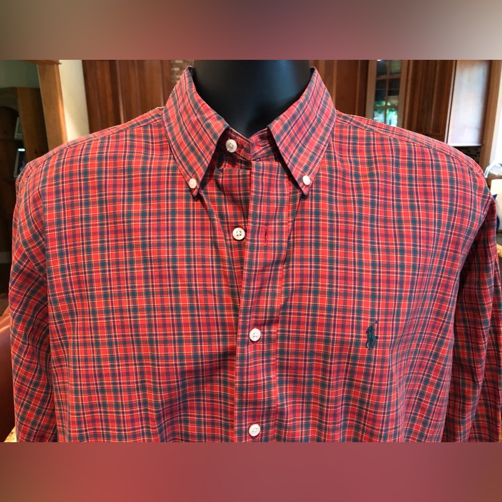 Polo by Ralph Lauren Men's Red and Green Plaid Shirt - Yarmouth 100% Cotton